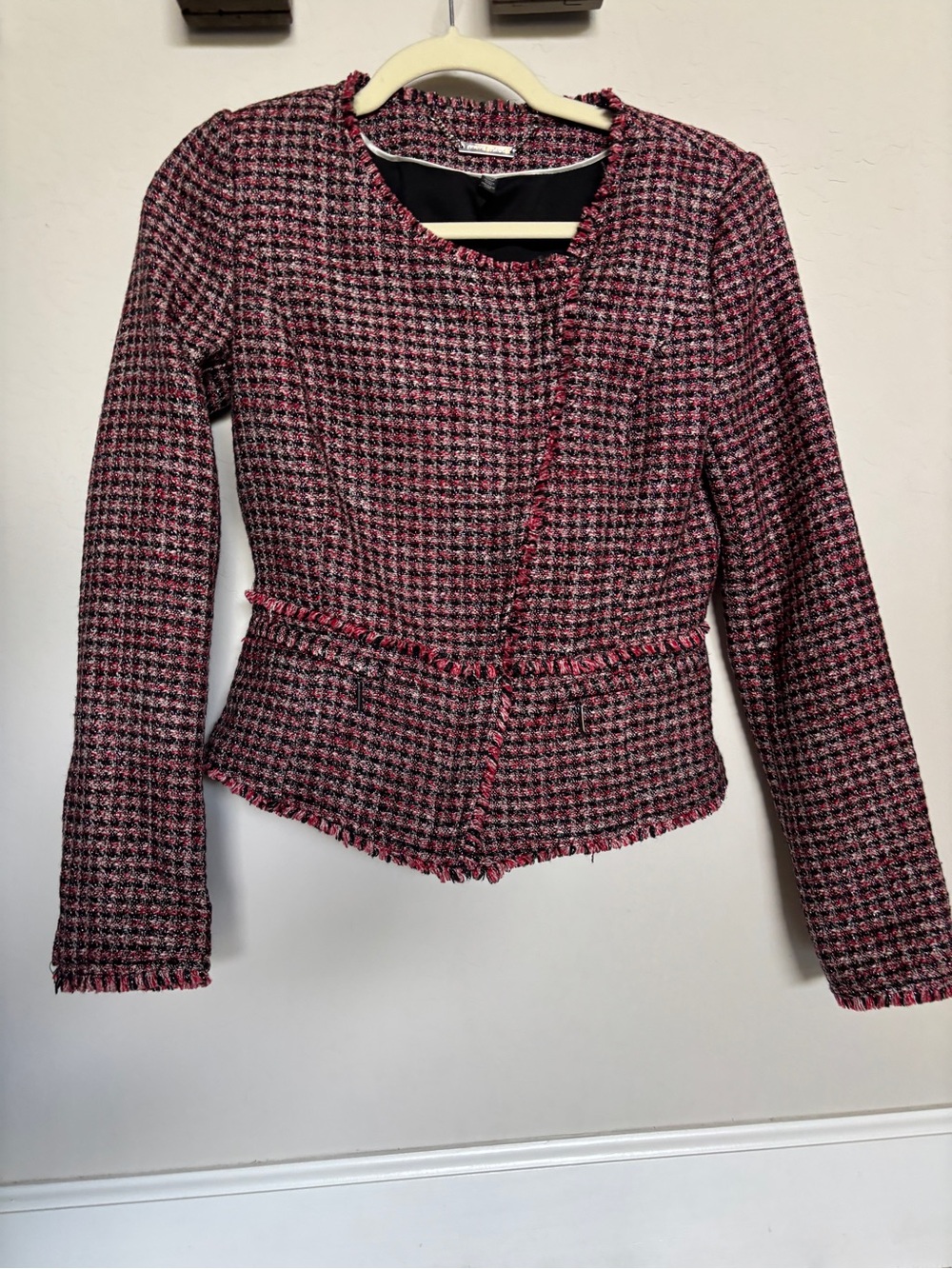 White House Black Market Pink Tweed Fringed Blazer